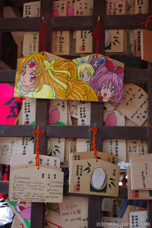 Anime ema, wooden wishing plaques in a shrine in Kawasaki, Kanagawa Prefecture